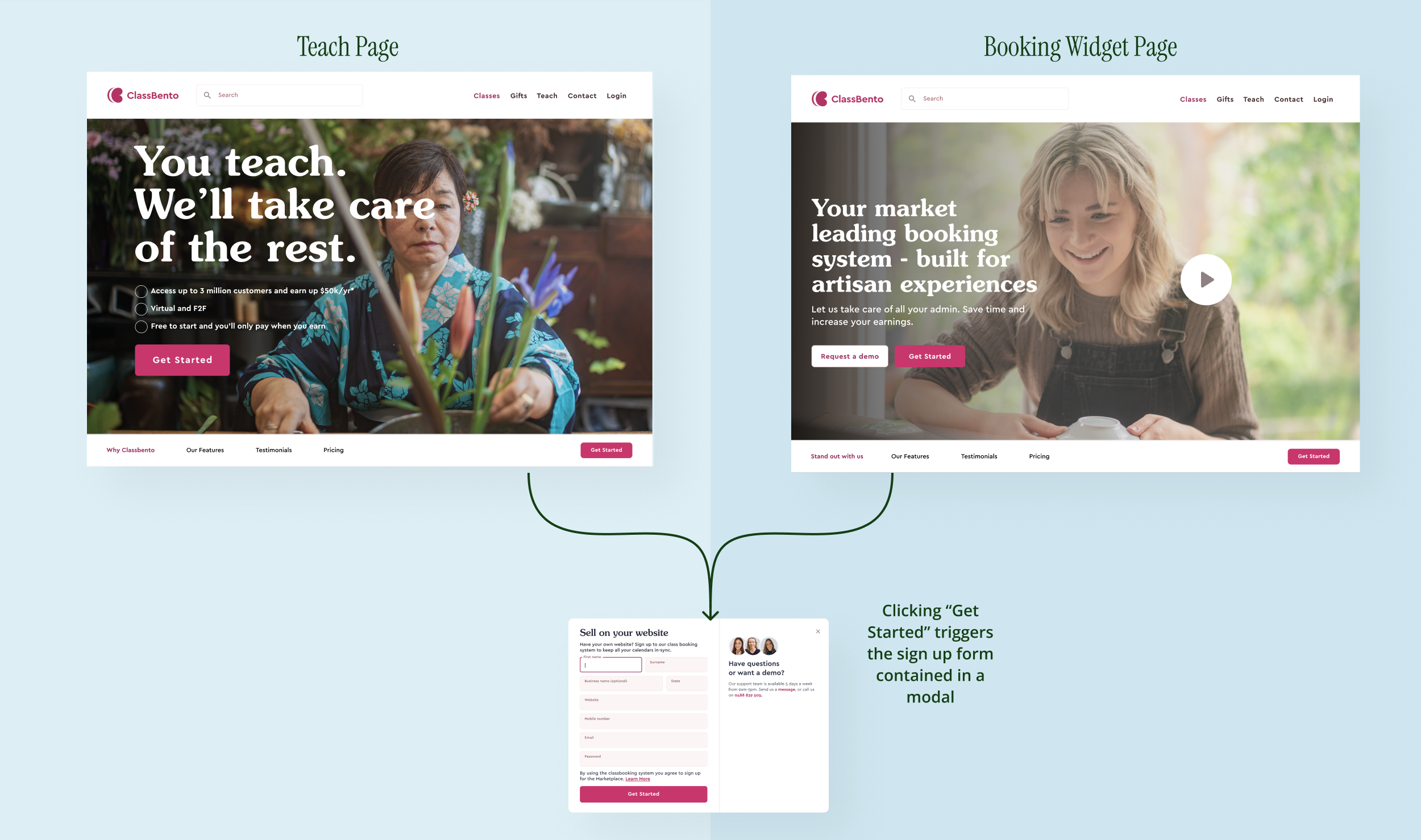 Teach page and Booking Widget page side by side, with a sign-up form modal shown below.